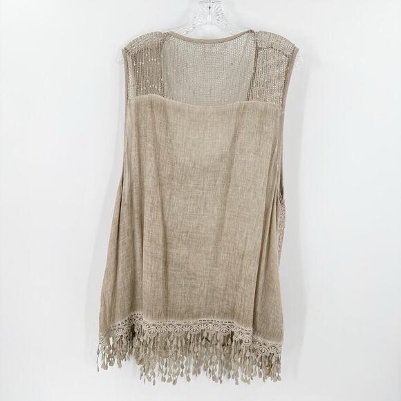 Lagenlook Tan Scoop Neck Embroidered Crochet Tassel Cover-Up Tank Top One Size - Picture 2 of 10